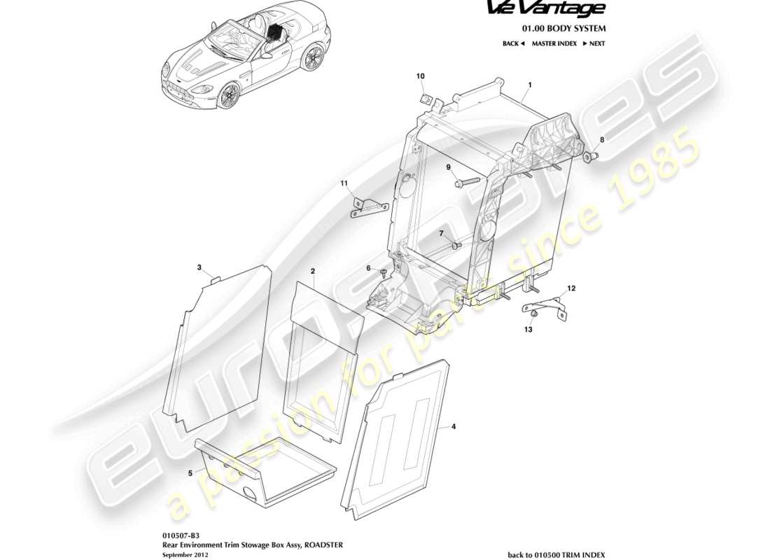 aston martin v12 vantage (2010) embellecedor ambiental trasero, diagrama de piezas del roadster