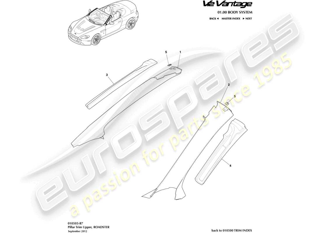 aston martin v12 vantage (2010) guarnición del pilar superior, diagrama de piezas del roadster