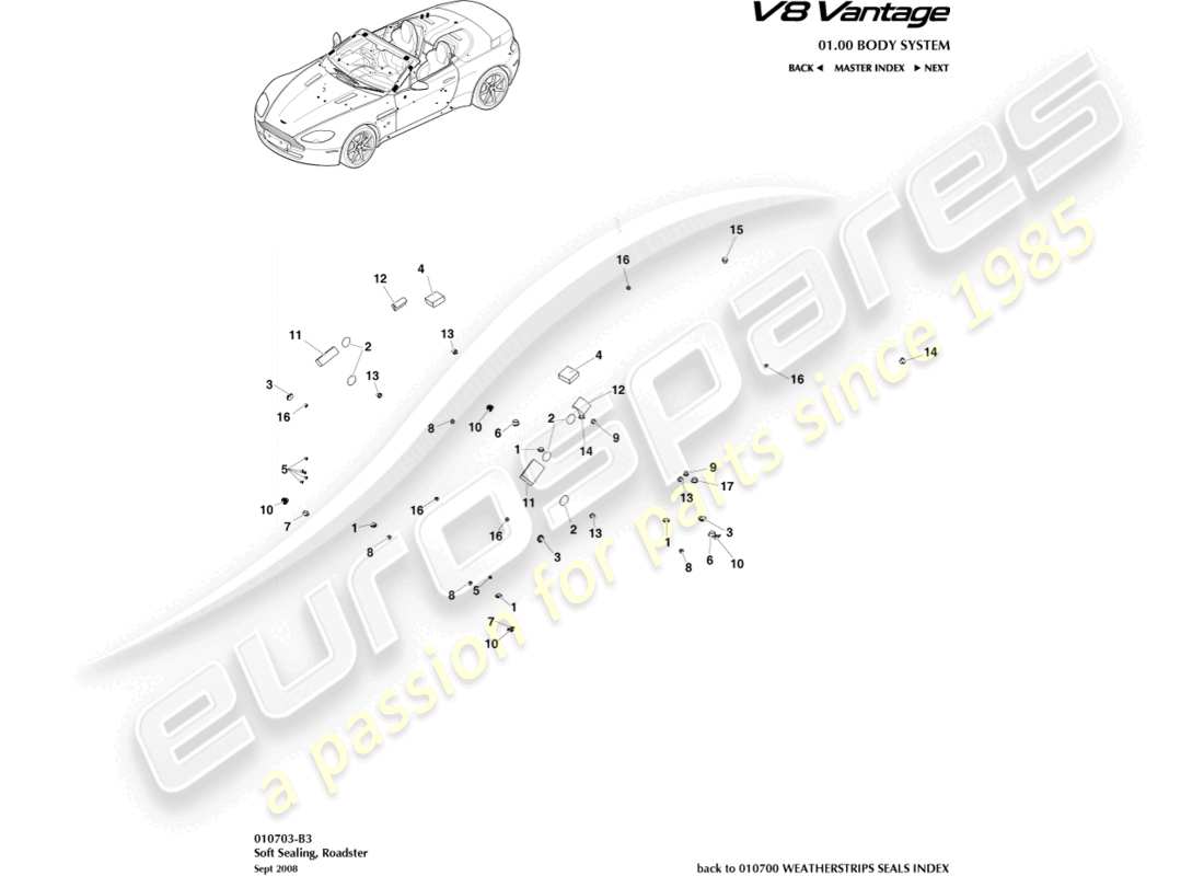 aston martin v8 vantage (2006) sellado blando, diagrama de piezas del roadster