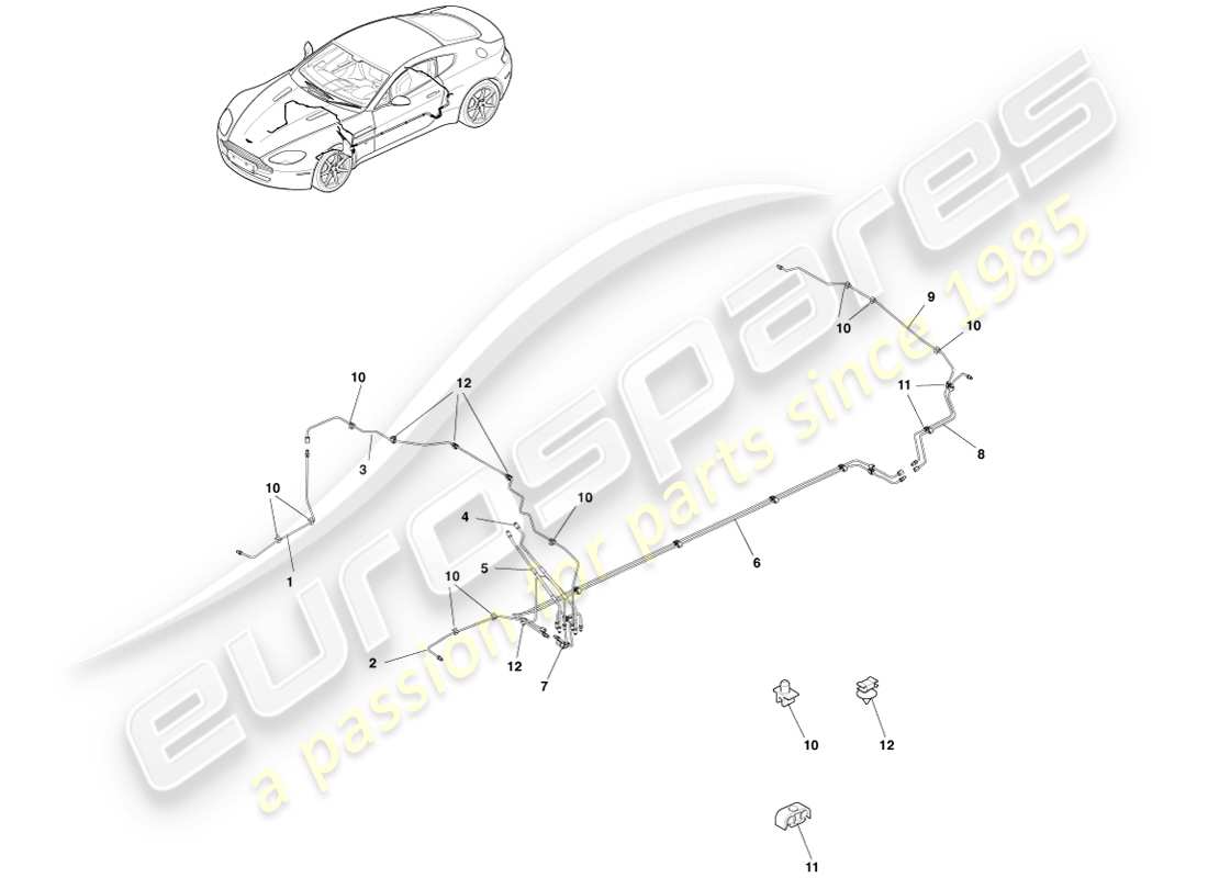 aston martin v8 vantage (2005) líneas y mangueras de freno, diagrama de piezas lhd