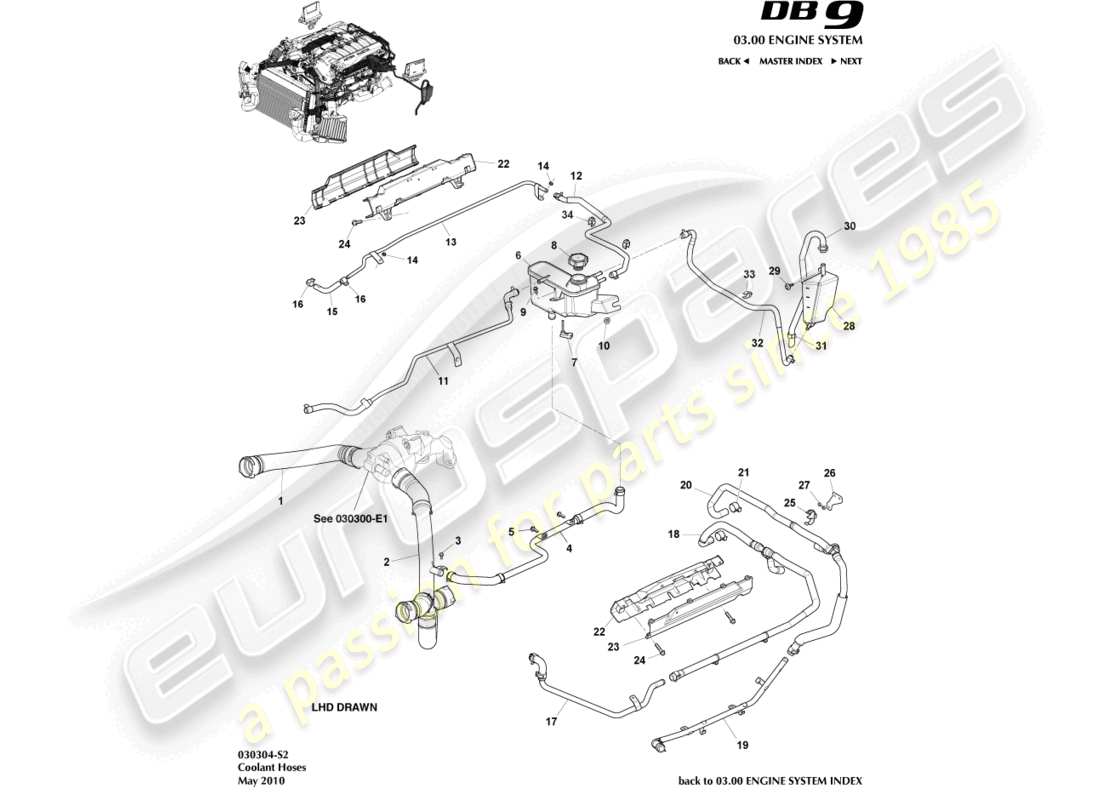 aston martin db9 (2006) diagrama de piezas del depósito y mangueras de refrigerante