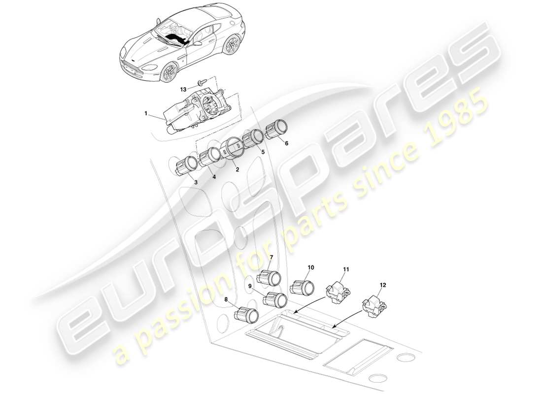 aston martin v8 vantage (2005) interruptores de consola central, asm, diagrama de piezas 16my