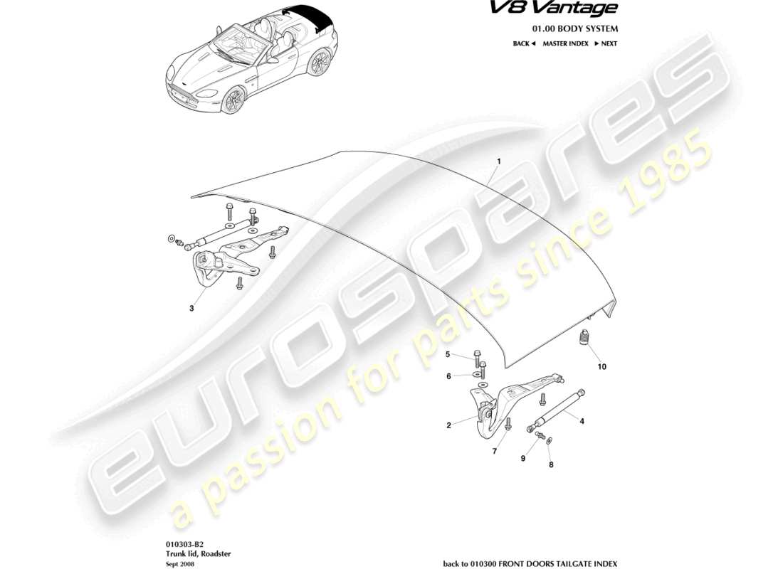 aston martin v8 vantage (2012) tapa de cubierta, diagrama de piezas del roadster