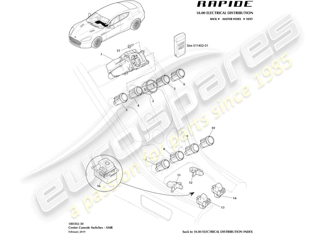 aston martin rapide (2014) interruptores de consola central, amr diagrama de piezas