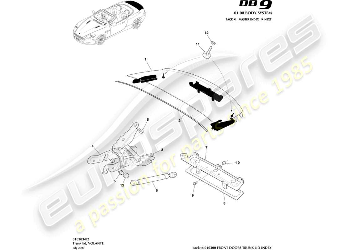 aston martin db9 (2005) tapa del maletero, diagrama de piezas de volante