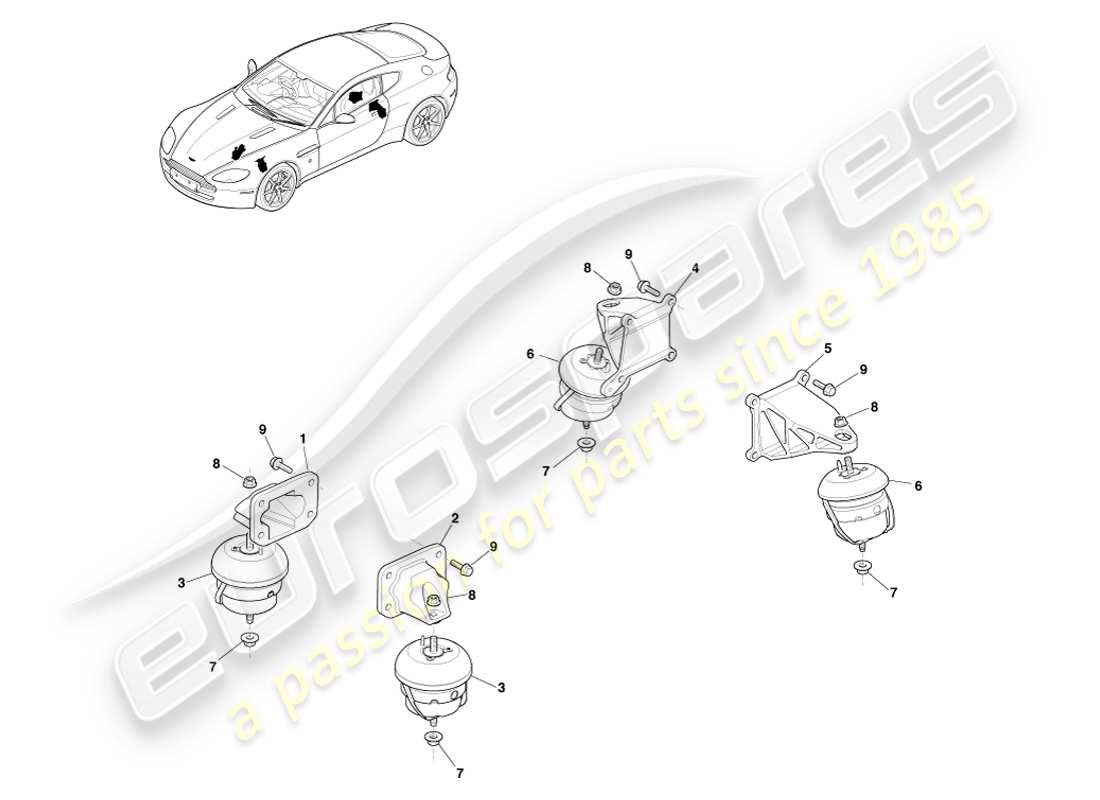 aston martin v8 vantage (2007) diagrama de piezas de soportes del motor