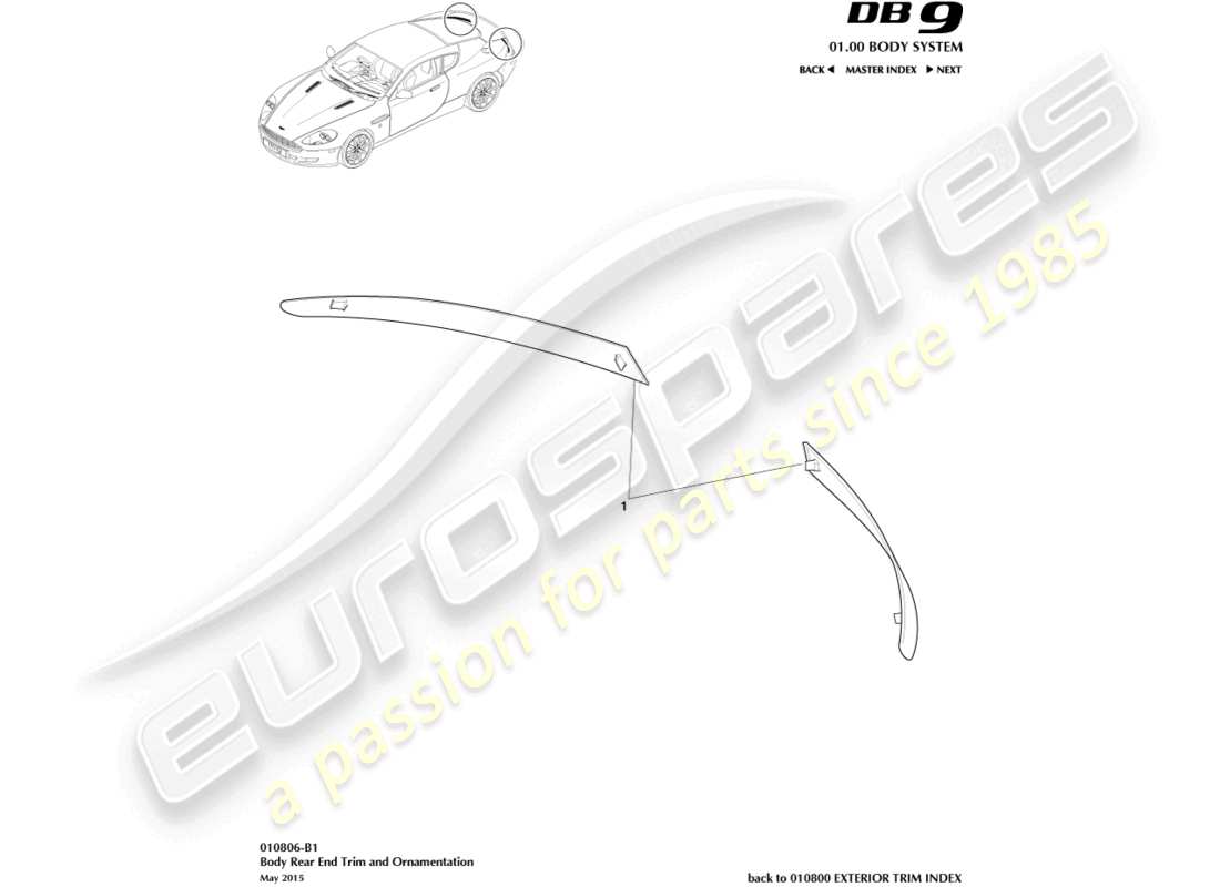 aston martin db9 (2010) diagrama de piezas de moldura del extremo trasero de la carrocería