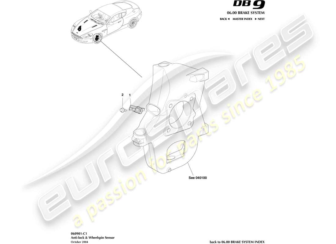 aston martin db9 (2008) diagrama de piezas del sensor de giro de rueda y antibloqueo