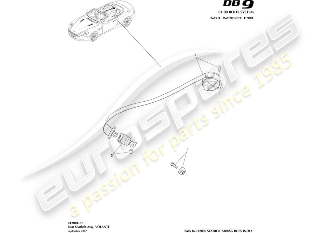 aston martin db9 (2008) cinturones de seguridad traseros, diagrama de piezas del volante