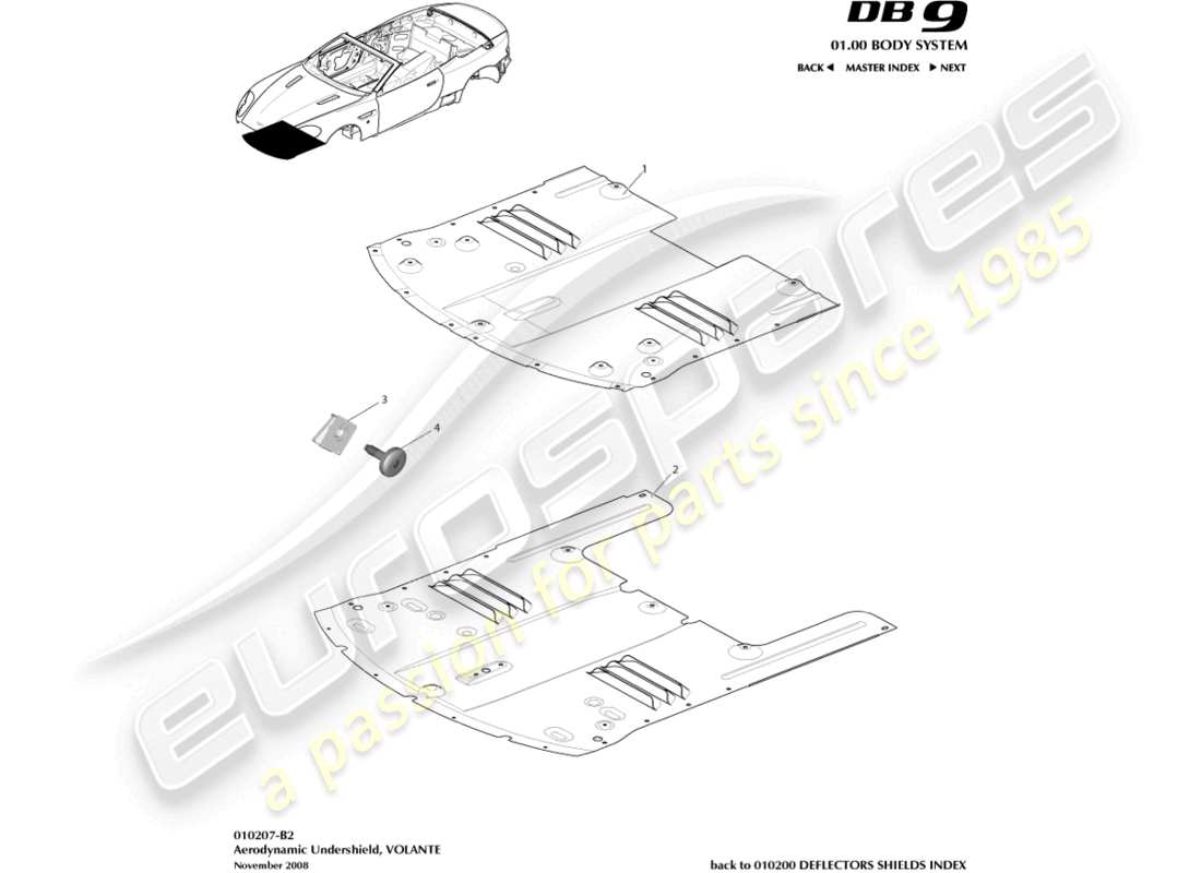 aston martin db9 (2008) escudo inferior delantero, diagrama de piezas de volante