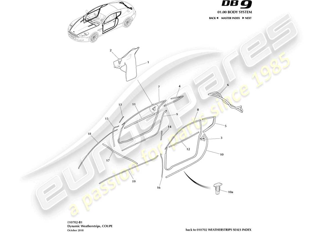 aston martin db9 (2008) burletes dinámicos, diagrama de piezas del cupé