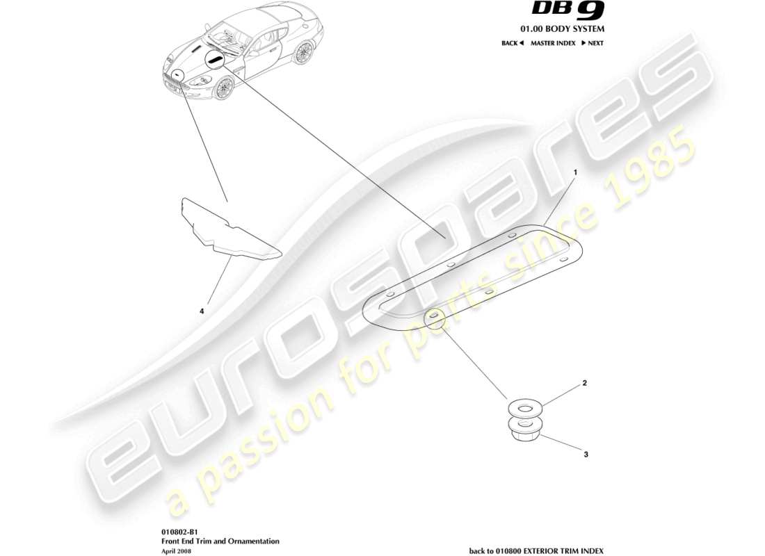aston martin db9 (2010) diagrama de piezas de moldura frontal