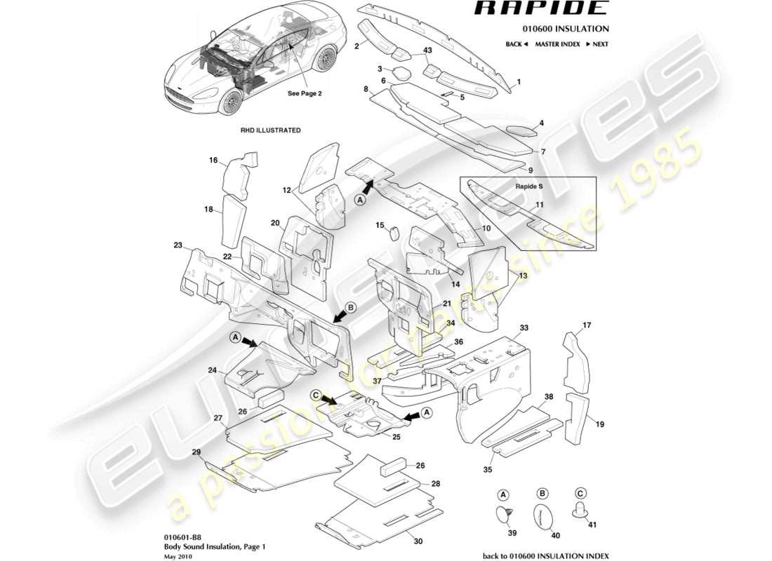 aston martin rapide (2010) aislamiento acústico, diagrama de piezas delanteras