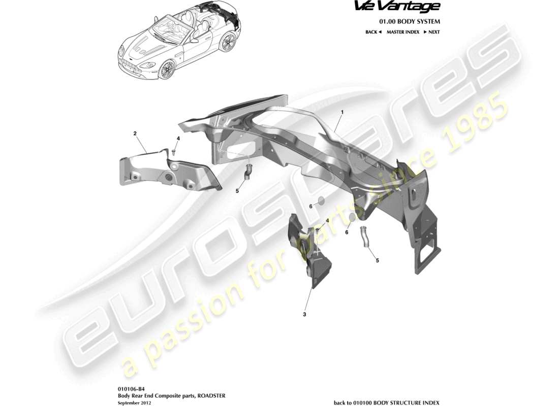 aston martin v12 vantage (2011) diagrama de piezas del roadster, compuesto del extremo trasero de la carrocería