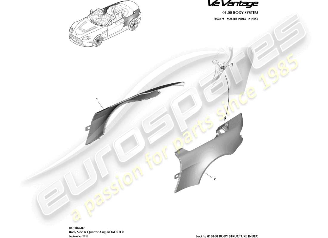 aston martin v12 vantage (2011) panel lateral de la carrocería, diagrama de piezas del roadster