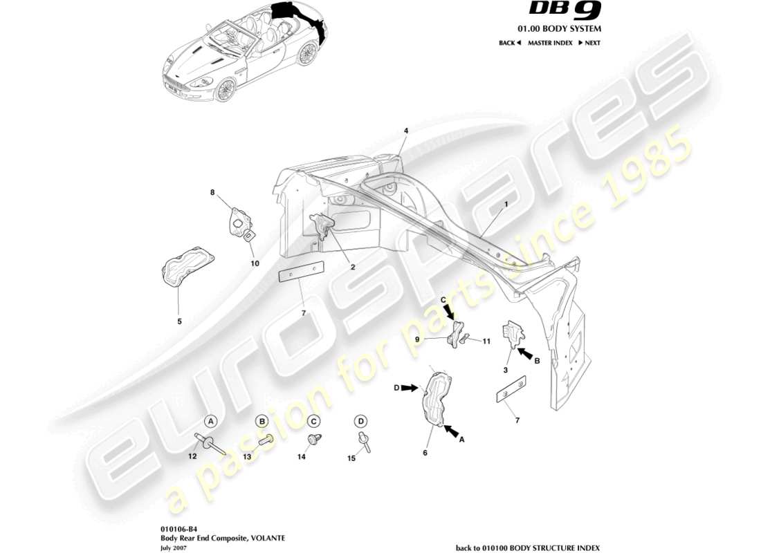 aston martin db9 (2006) compuesto del extremo trasero de la carrocería, diagrama de piezas de volante