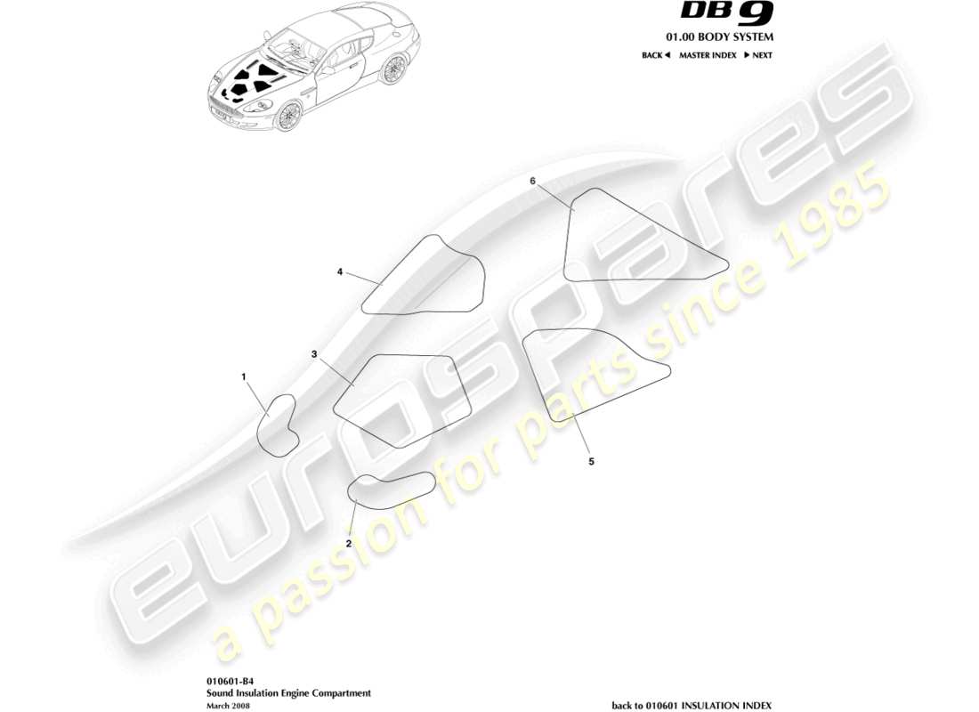 aston martin db9 (2006) aislamiento acústico, diagrama de piezas de compensación del motor