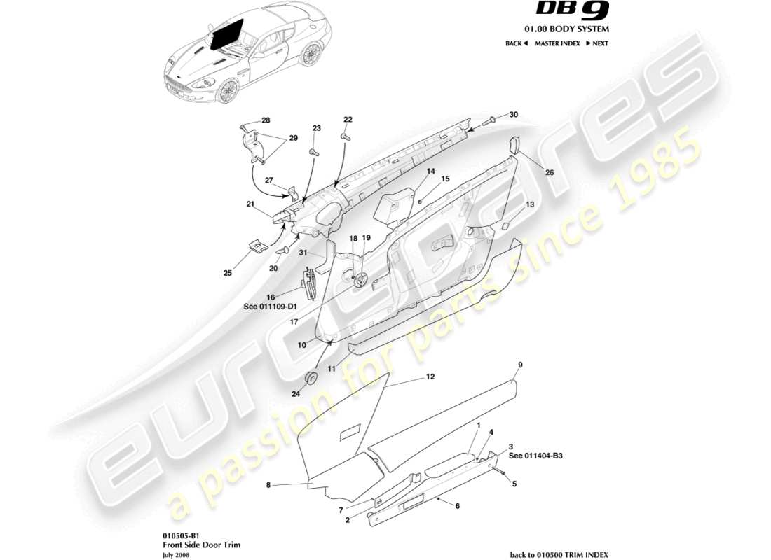 aston martin db9 (2008) diagrama de piezas de molduras de puertas