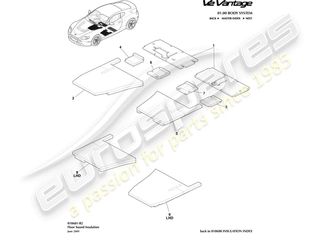 aston martin v12 vantage (2013) diagrama de piezas de aislamiento acústico del suelo