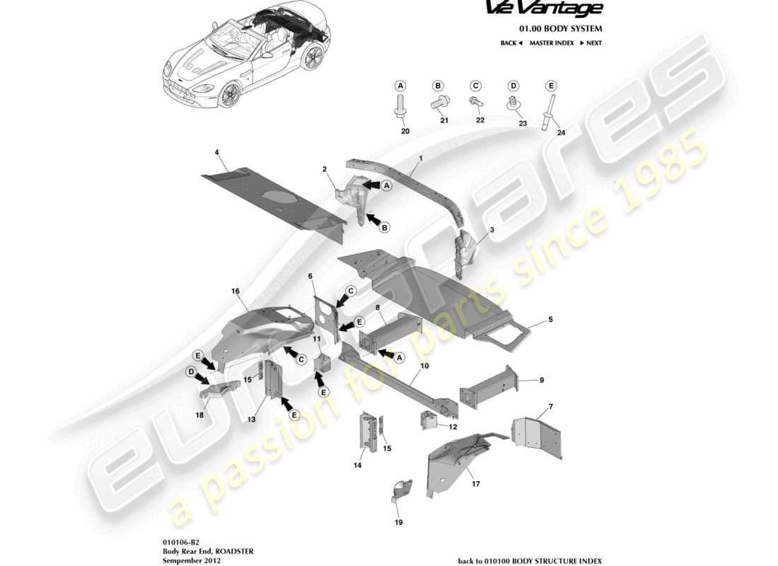 aston martin v12 vantage (2013) parte trasera de la carrocería, diagrama de piezas del roadster