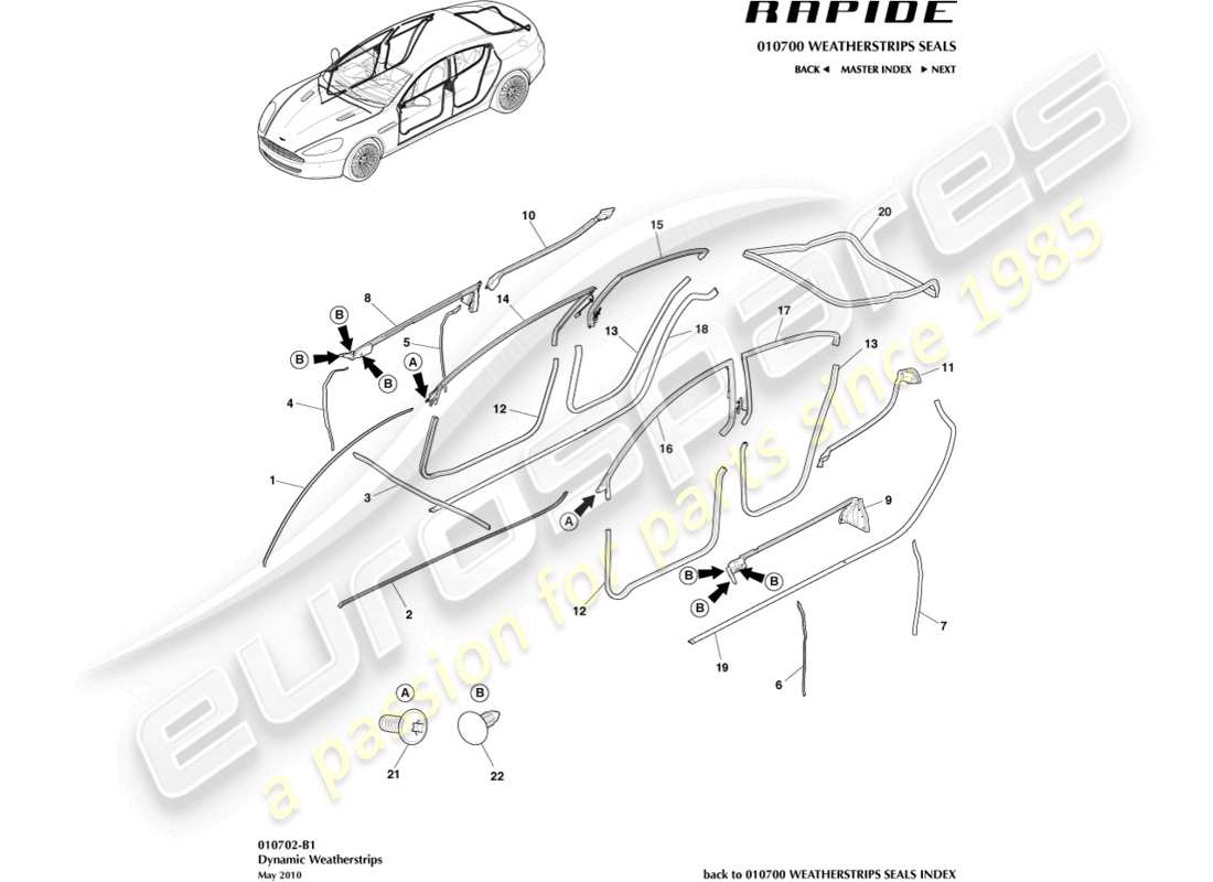 aston martin rapide (2010) burletes dinámicos diagrama de piezas