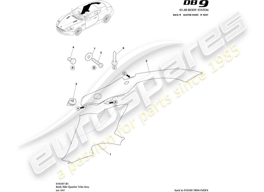 aston martin db9 (2007) guarnecido lateral de la carrocería, diagrama de piezas del cupé