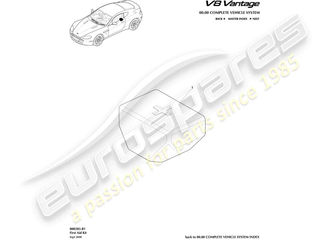 aston martin v8 vantage (2006) kit de primeros auxilios diagrama de piezas