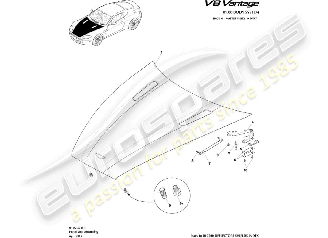 aston martin v8 vantage (2006) diagrama de capó y piezas de montaje