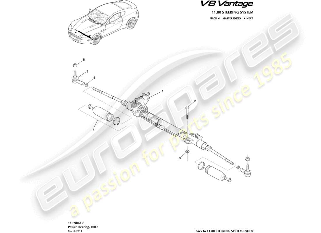 aston martin v8 vantage (2006) diagrama de piezas de dirección asistida, volante a la derecha
