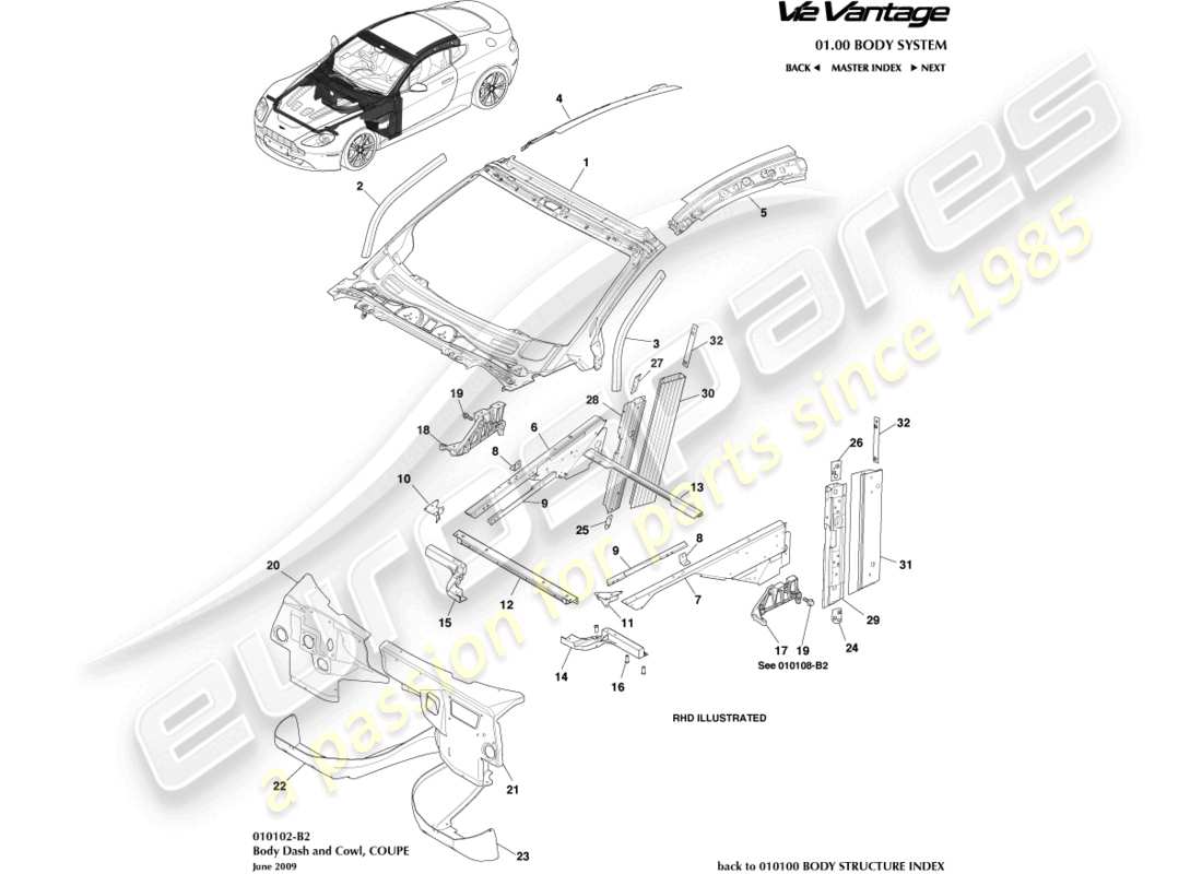 aston martin v12 vantage (2013) carrocería, tablero y capó, diagrama de piezas del cupé