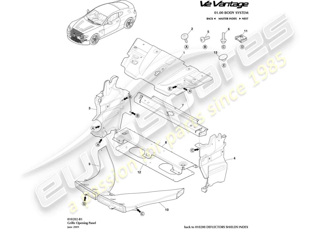 aston martin v12 vantage (2013) diagrama de piezas del panel de apertura de la parrilla