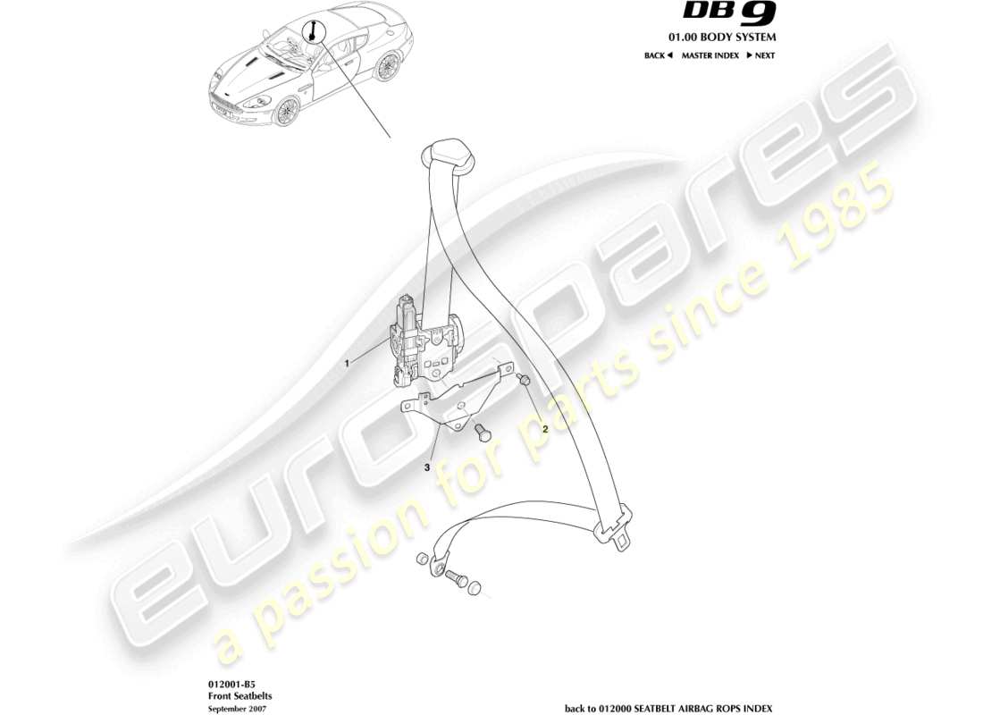 aston martin db9 (2008) diagrama de piezas de los cinturones de seguridad delanteros