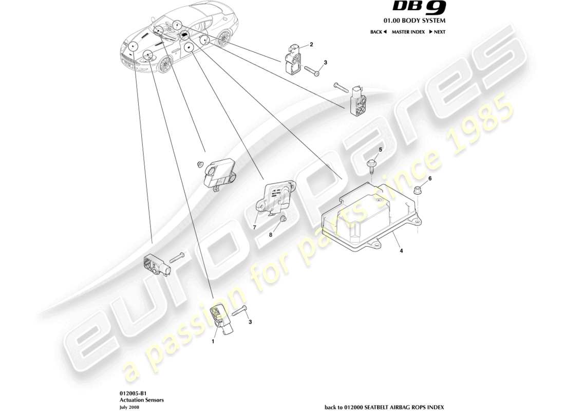 aston martin db9 (2008) diagrama de piezas de los sensores de actuación