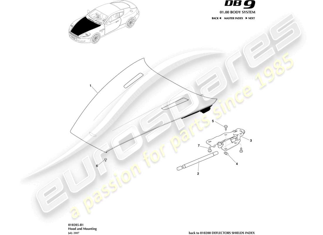aston martin db9 (2008) diagrama de capó y piezas de montaje