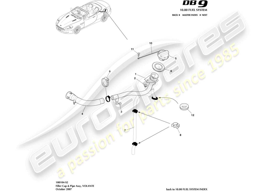 aston martin db9 (2006) tapa y tubo de llenado de combustible, diagrama de piezas de volante