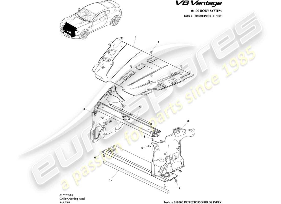 aston martin v8 vantage (2006) diagrama de piezas del panel de apertura de la parrilla