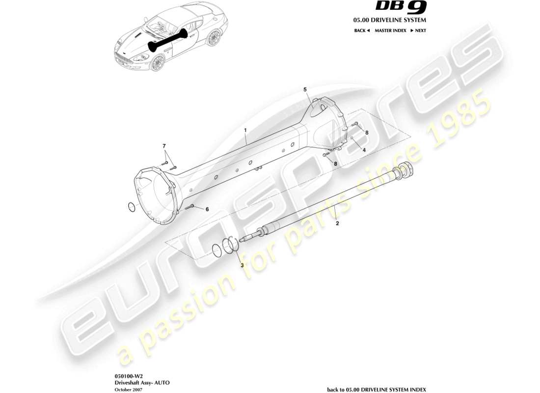 aston martin db9 (2008) conjunto del eje de transmisión, diagrama de piezas de automóvil
