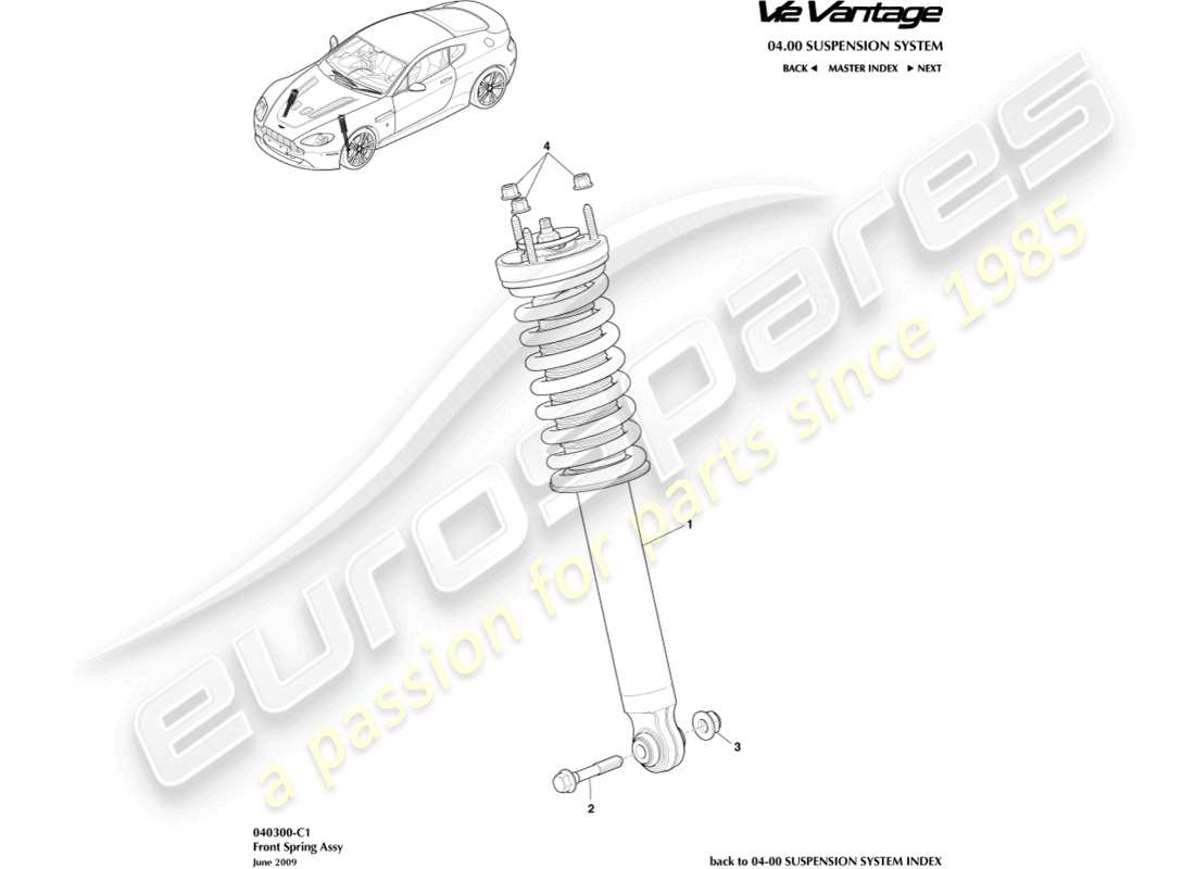 aston martin v12 vantage (2011) diagrama de piezas del resorte delantero y el amortiguador