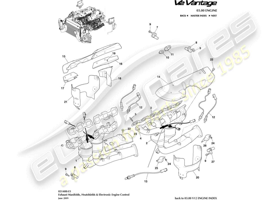 aston martin v12 vantage (2011) colectores de escape diagrama de piezas