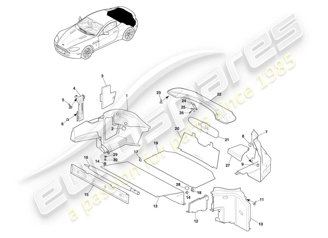 aston martin v8 vantage (2005) guarnición del compartimento de carga, diagrama de piezas del cupé