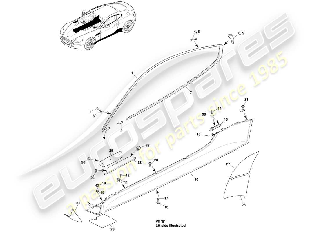 aston martin v8 vantage (2005) guarnición lateral y lateral de la carrocería, diagrama de piezas del cupé