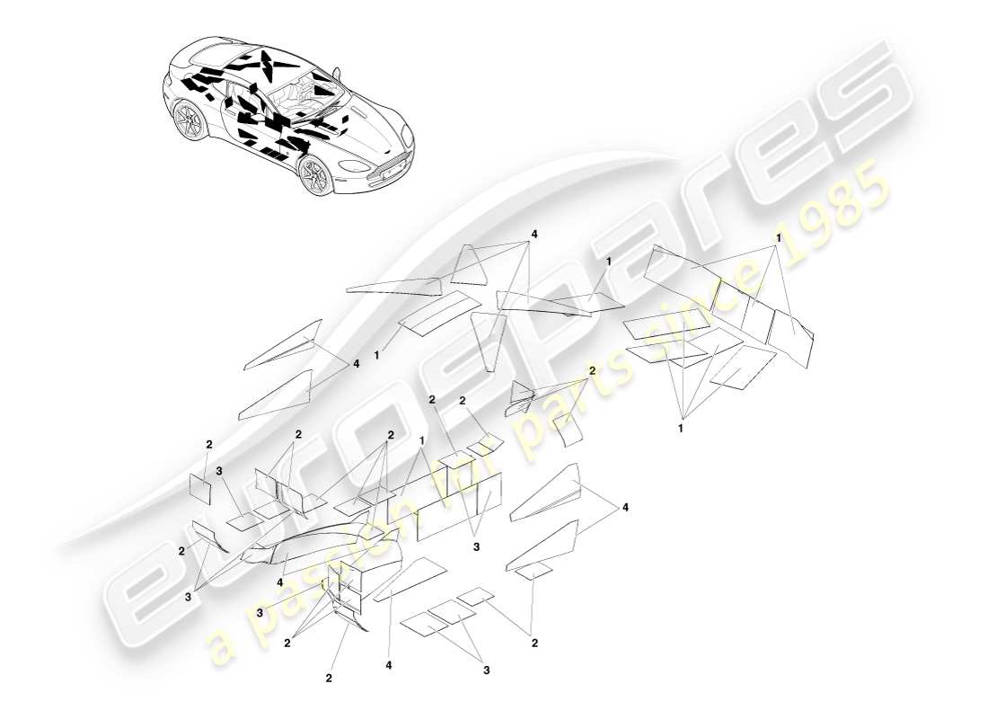 aston martin v8 vantage (2005) almohadillas de sonido anti-can, diagrama de piezas lhd