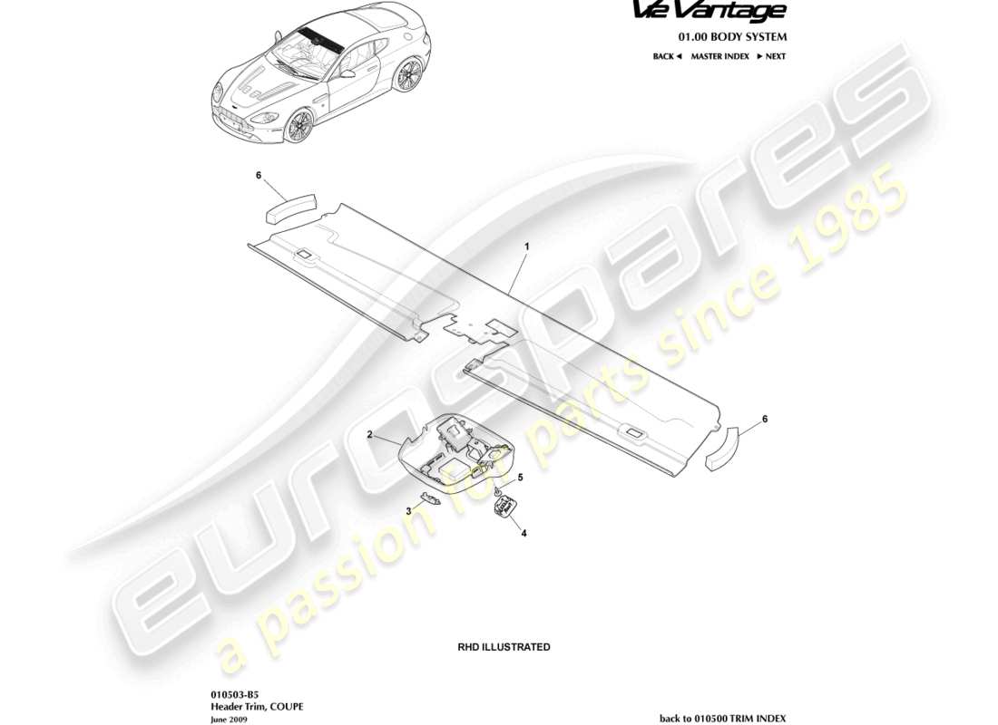 aston martin v12 vantage (2013) ajuste del cabezal, diagrama de piezas del cupé
