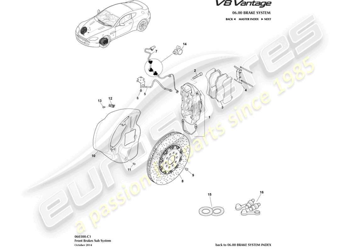 aston martin v8 vantage (2018) diagrama de piezas del sistema de freno delantero