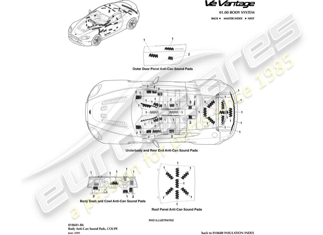 aston martin v12 vantage (2010) almohadillas de sonido anti-can, diagrama de piezas del cupé