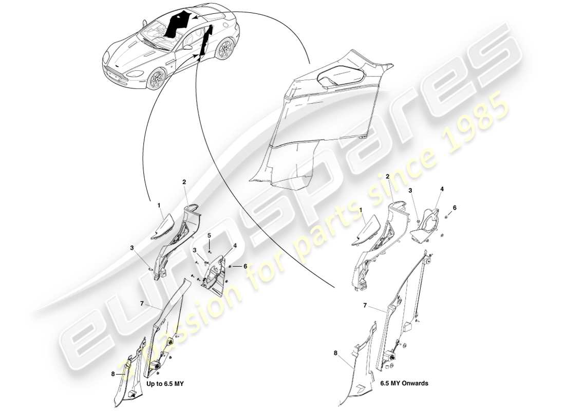 aston martin v8 vantage (2005) guarnecido lateral de la carrocería, diagrama de piezas del cupé