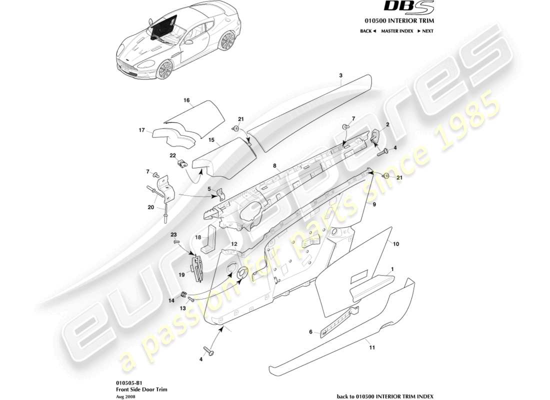 aston martin dbs (2008) revestimiento de las puertas diagrama de piezas