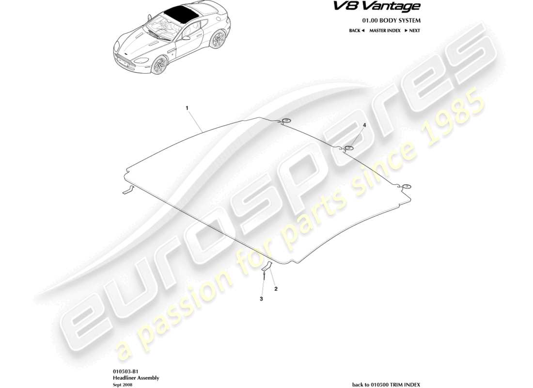 aston martin v8 vantage (2006) diagrama de piezas del conjunto del techo interior