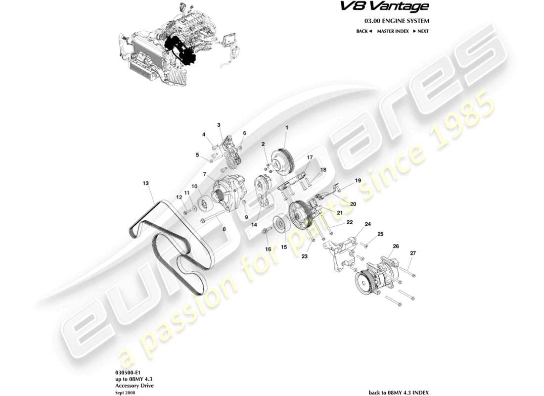 aston martin v8 vantage (2006) diagrama de piezas de transmisión de accesorios