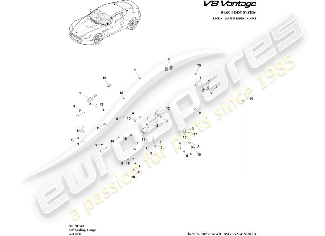 aston martin v8 vantage (2006) diagrama de piezas de sellado blando, cupé